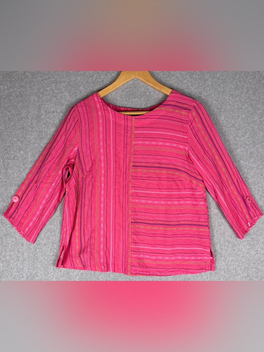 Habitat Clothes to Live In XS Pink Embroidered Stripe Art to Wear Boho Top